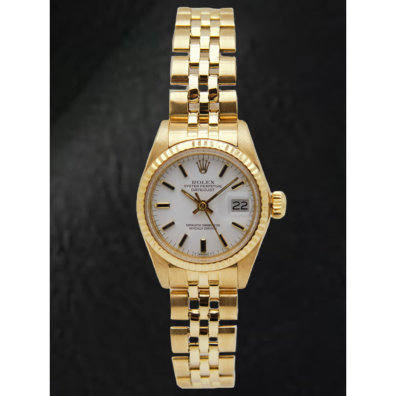 Rolex Lady Datejust White Stick Dial President Style Bracelet Yellow Gold Watch