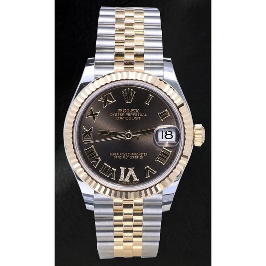Rolex Lady Datejust 31mm Brown Roman Diamond Dial Gold Steel Watch