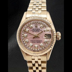 Rolex Lady Datejust Pink Mother Of Pearl String Diamond Dial Yellow Gold Watch