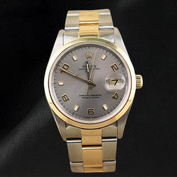 Rolex Oyster Perpetual Date Silver Arabic 34mm Two Tone Watch