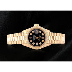 Rolex President Black Diamond Dial Bezel Women Watch Yellow Gold