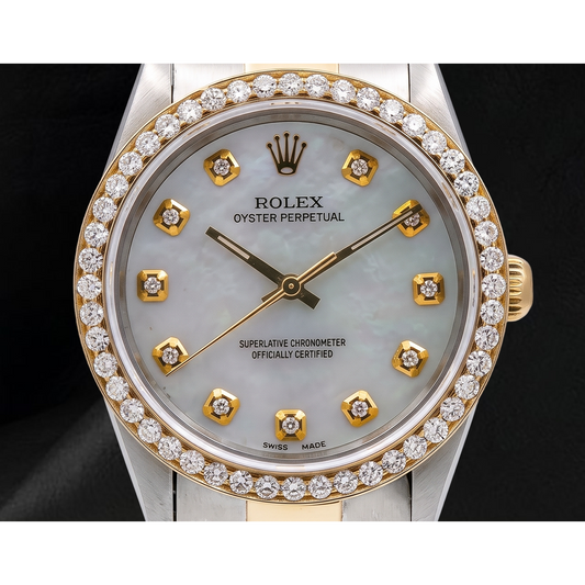 Rolex 14233 White Mother Of Pearl Diamond Dial 34mm Two Tone Watch