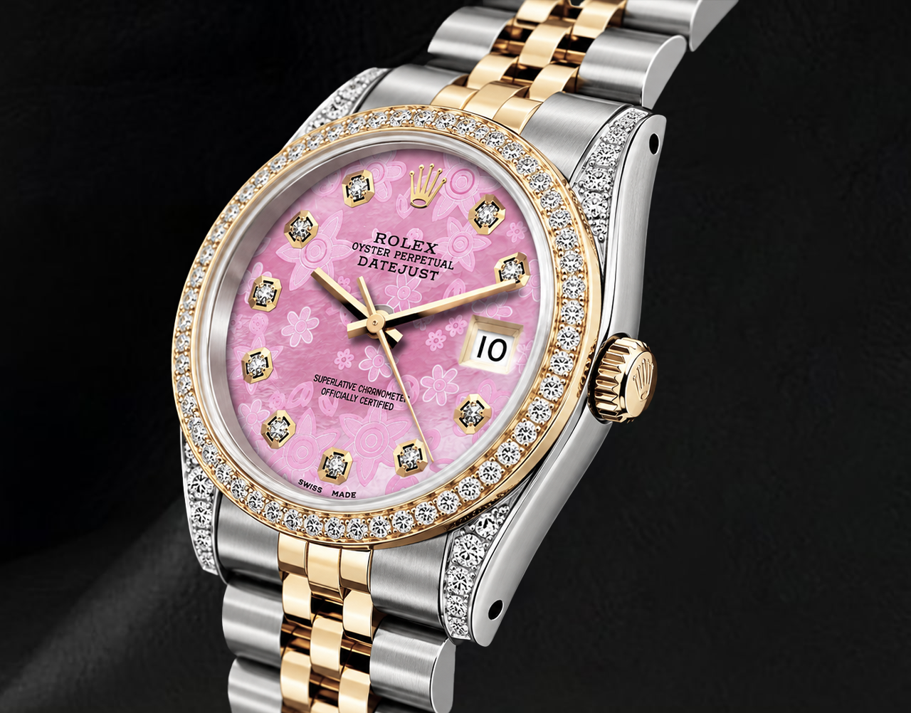 Rolex 16013 36mm Datejust  Pink Floral Diamond Dial Two Tone Watch