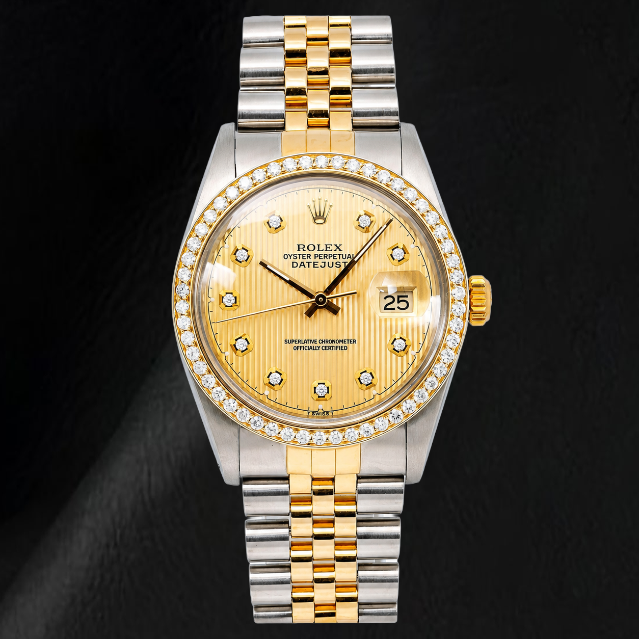 Rolex 16013 Datejust 36mm Champagne Tapestry Diamond Dial Two Tone Watch
