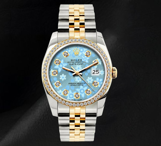 Rolex 16013 Datejust 36mm Ice Blue Floral Diamond Dial Two Tone Watch