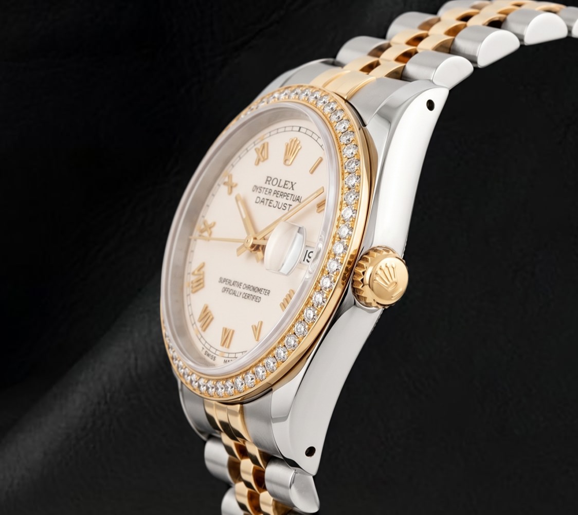 Rolex 16013 Datejust 36mm Ivory Roman Dial Two Tone Watch