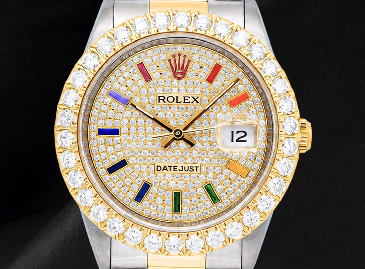 Rolex 16013 Datejust Diamond Paved Rainbow Hour Dial 36mm Watch Two Tone