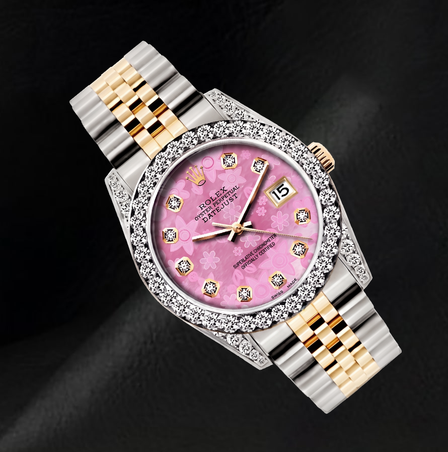 Rolex 26mm Datejust 6917 Pink Floral Diamond Dial Two Tone Watch