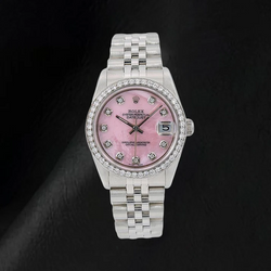 Rolex 31mm Pink Mother Of Pearl Diamond Dial Stainless Steel Watch