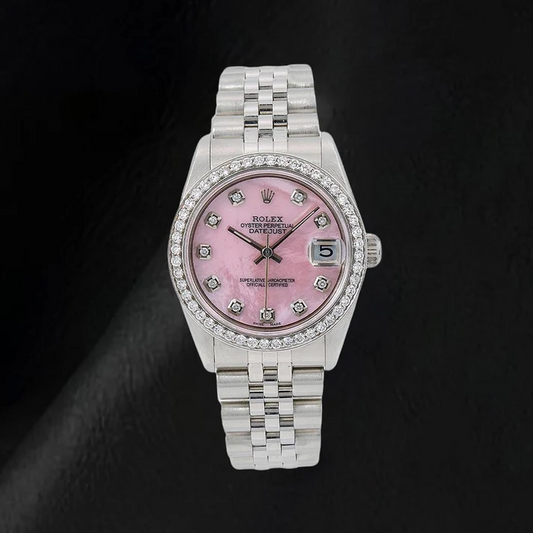 Rolex 31mm Pink Mother Of Pearl Diamond Dial Stainless Steel Watch
