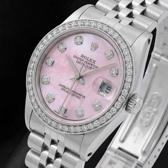 Rolex 31mm Pink Mother Of Pearl Diamond Dial Stainless Steel Watch