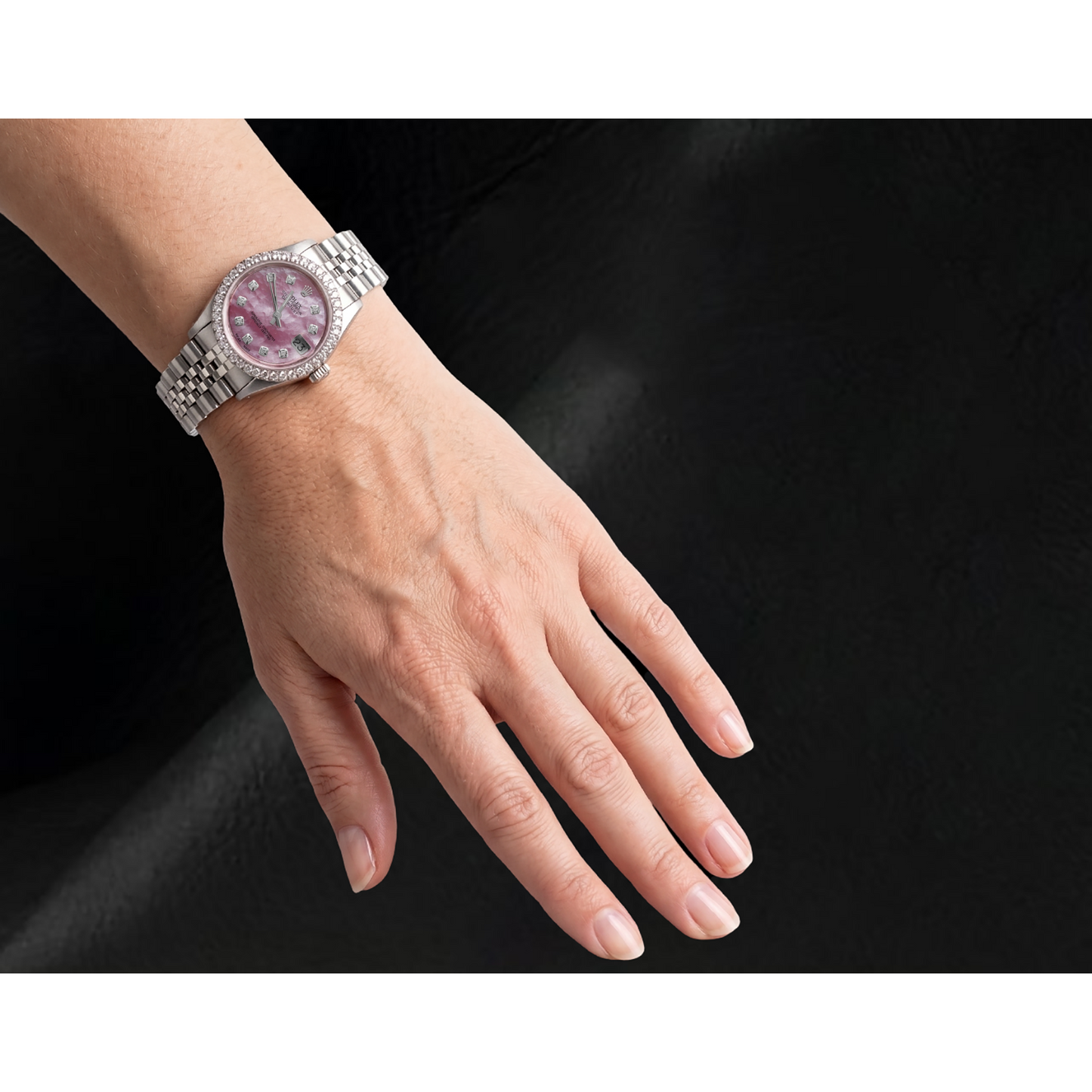 Rolex 31mm Pink Mother Of Pearl Diamond Dial Stainless Steel Watch