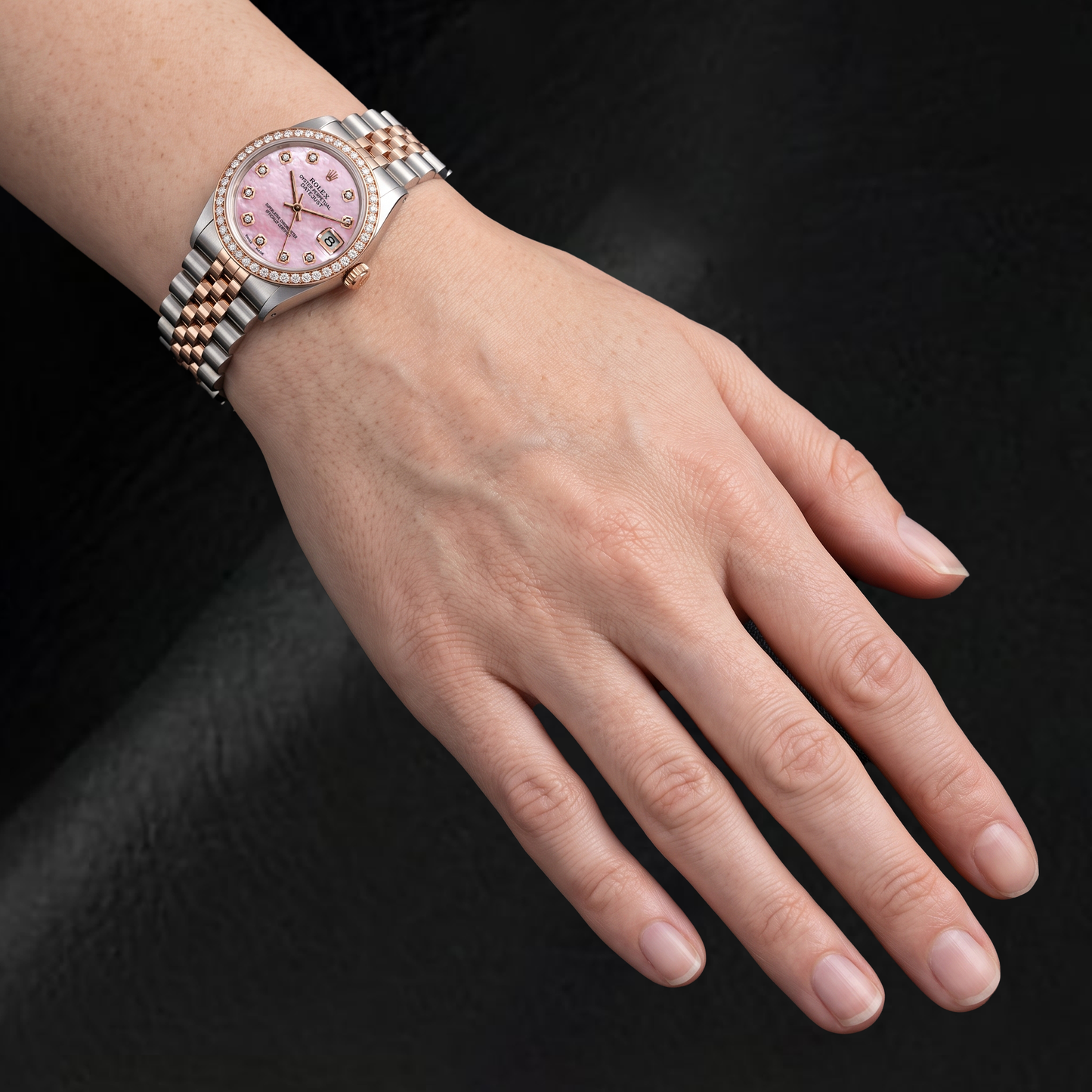 Rolex 31mm Pink Mother Of Pearl Diamond Dial Two Tone Watch