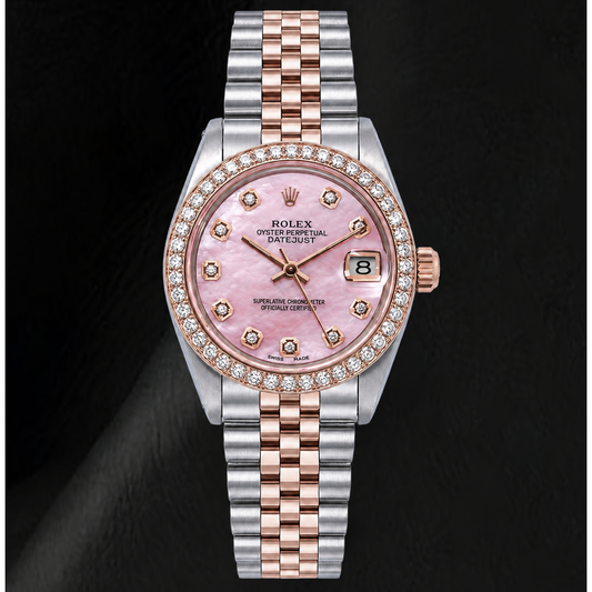 Rolex 31mm Pink Mother Of Pearl Diamond Dial Two Tone Watch