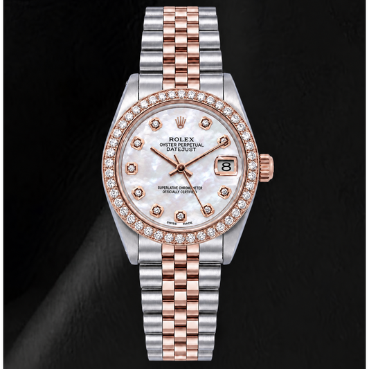 Rolex 31mm White Mother Of Pearl Diamond Dial Two Tone Watch