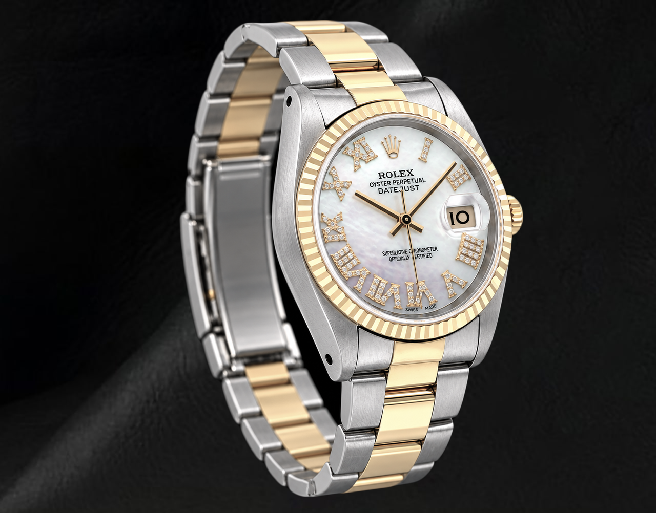 Rolex 36mm 16013 Datejust White Mother of Pearl Roman Diamond Dial Two Tone Watch