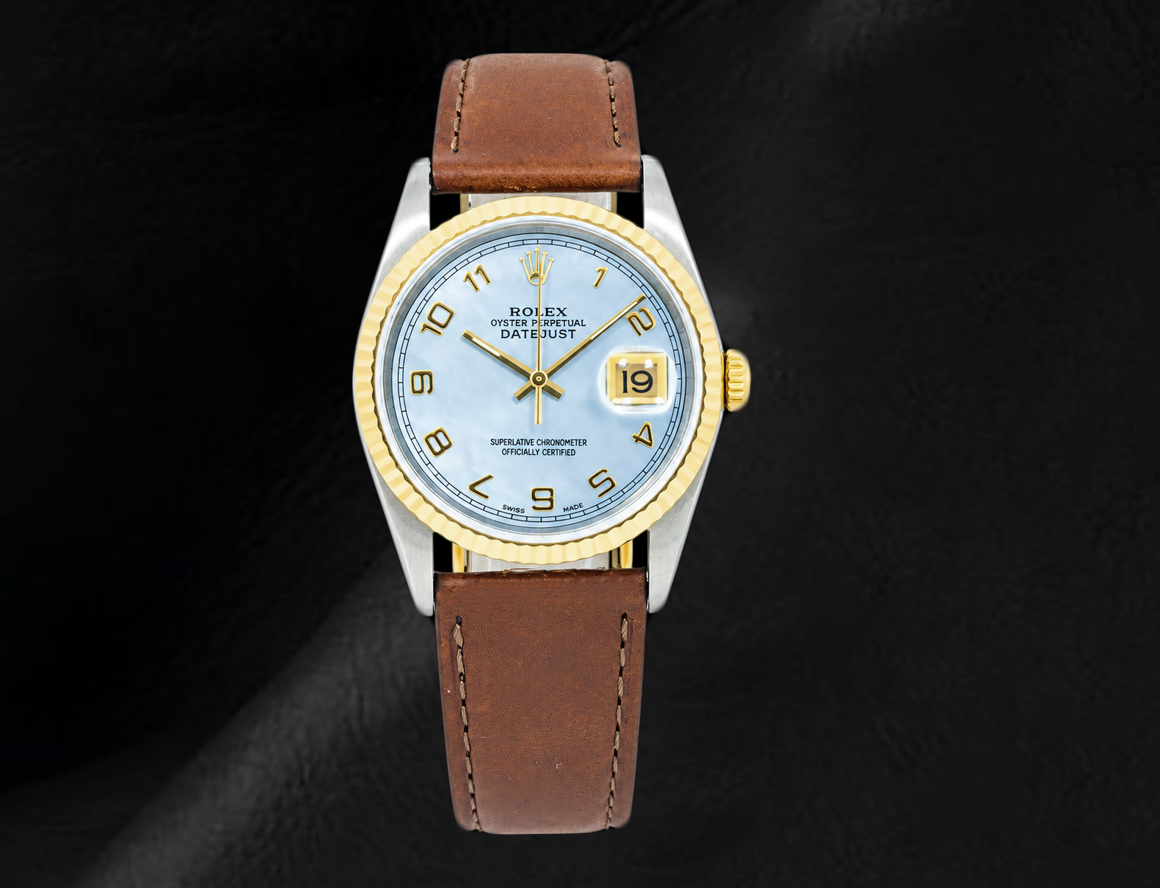 Rolex 36mm Blue Mother of Pearl Arabic Dial 16013 Datejust Brown Leather Strap Watch