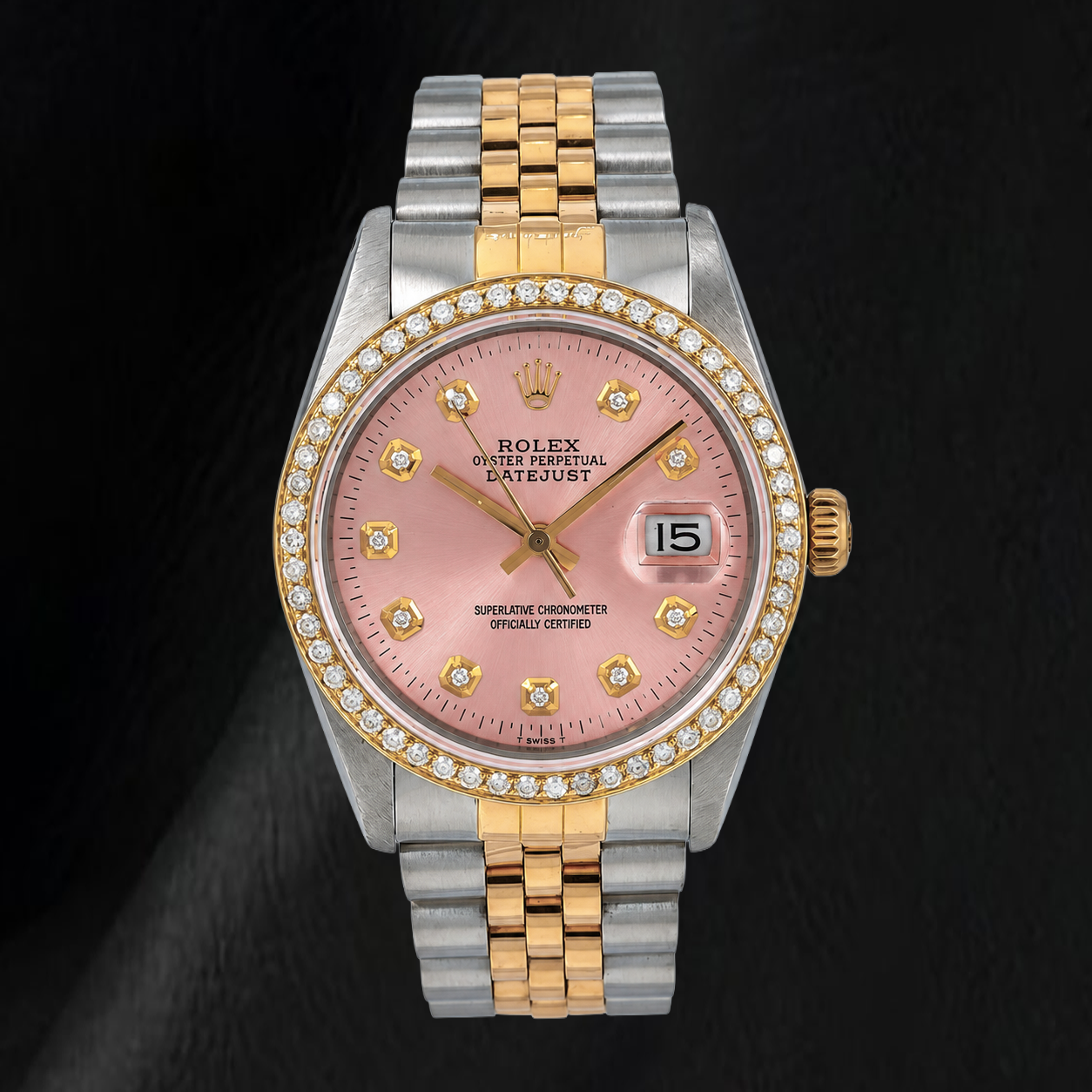 Rolex 36mm Datejust 16013 Pink Diamond Dial Watch Two Tone
