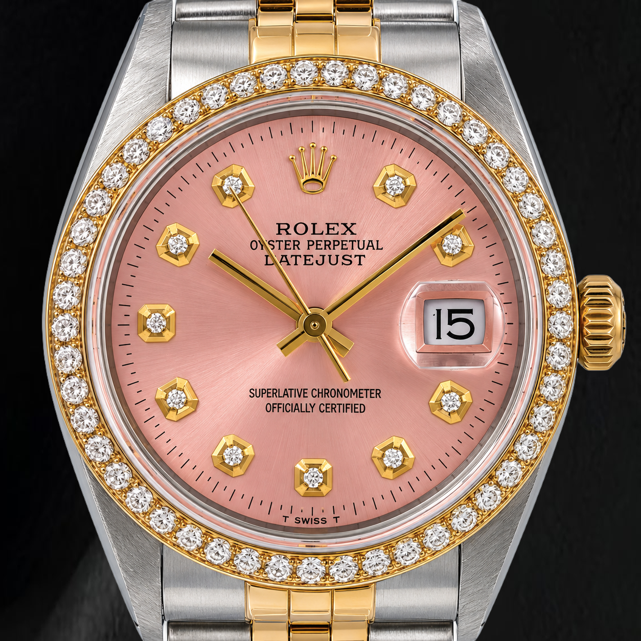 Rolex 36mm Datejust 16013 Pink Diamond Dial Watch Two Tone
