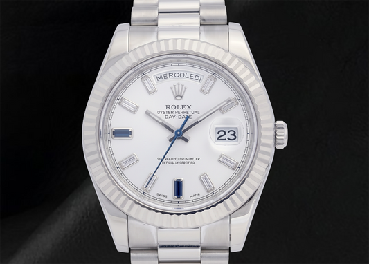 Rolex 41mm Day Date II 218239 White Baguette Diamond Dial White Gold President Bracelet 18K