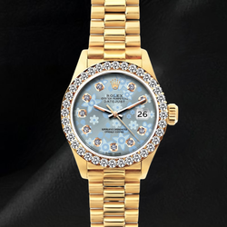Rolex 69178 Datejust 26mm Ice Blue Floral Diamond Dial President Bracelet Watch 18K