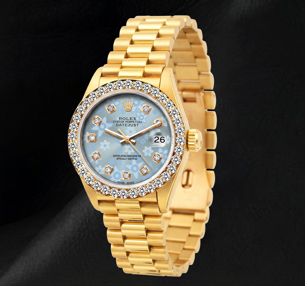 Rolex 69178 Datejust 26mm Ice Blue Floral Diamond Dial President Bracelet Watch 18K