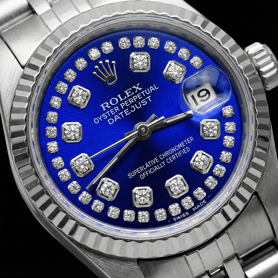 Rolex Blue Double Row Diamond Dial Ss Jubilee Datejust Watch