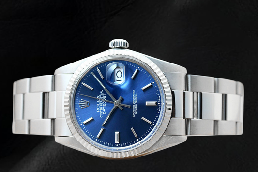 Rolex Blue Stick Dial Datejust 36mm Fluted Bezel Stainless Steel Watch