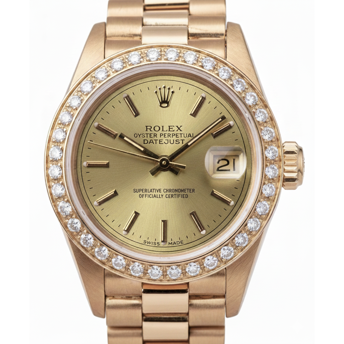 Rolex Champagne Stick Dial President Watch Dj Diamond Bezel Yg