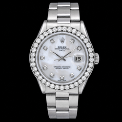 Rolex Date 1500 34mm White Mother Of Pearl Diamond Dial Stainless Steel