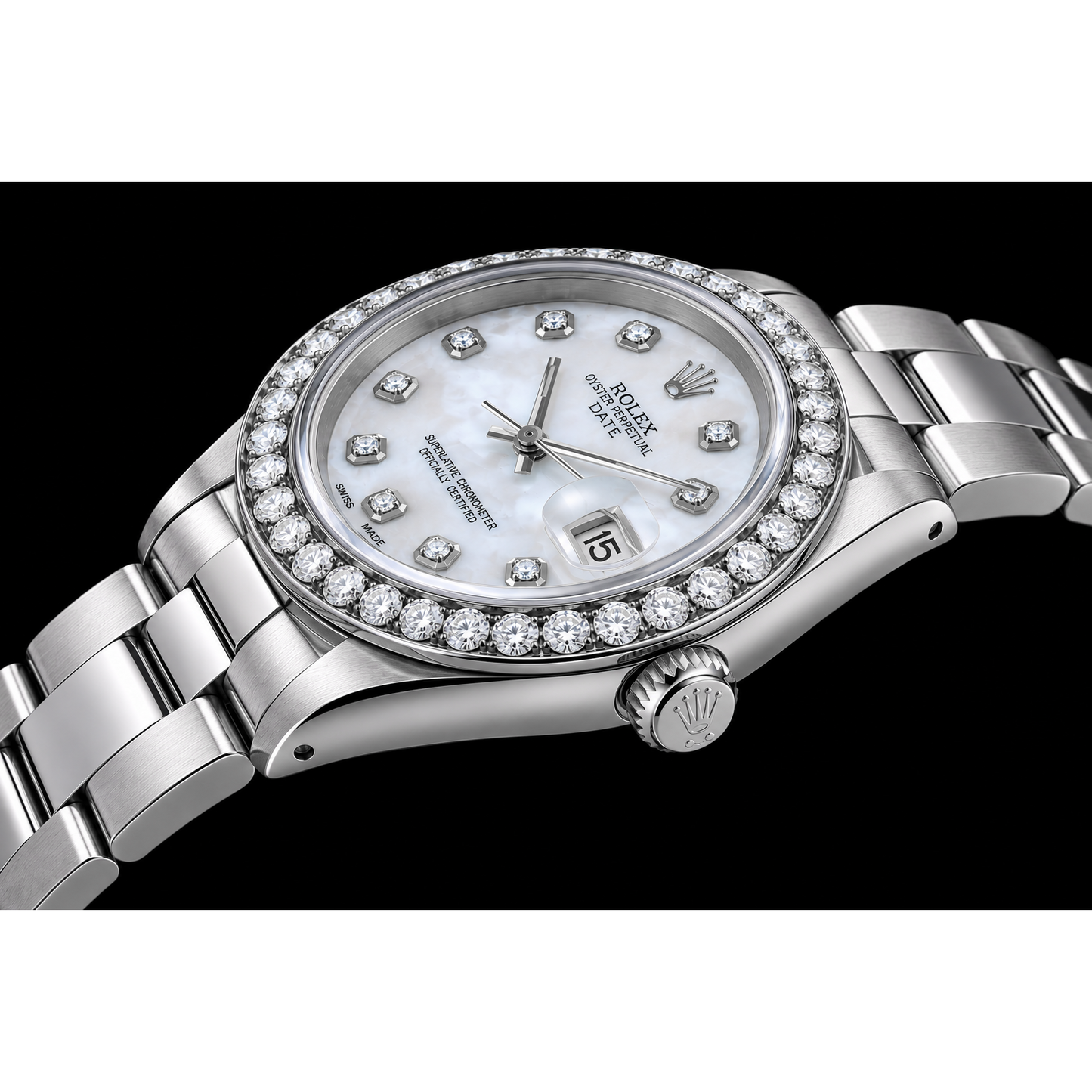 Rolex Date 1500 34mm White Mother Of Pearl Diamond Dial Stainless Steel
