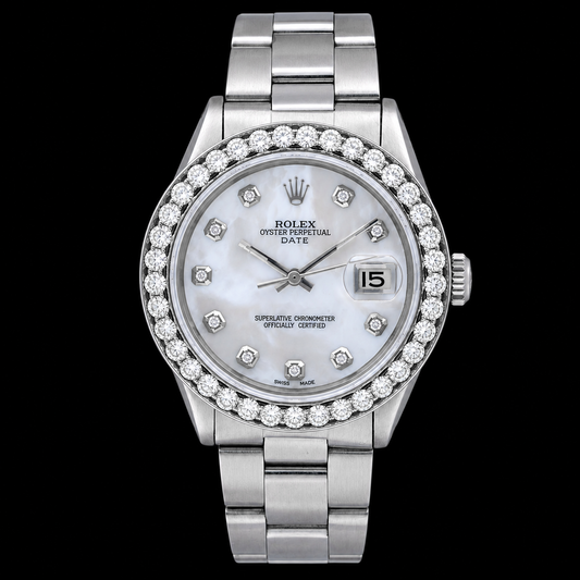 Rolex Date 1500 34mm White Mother Of Pearl Diamond Dial Stainless Steel
