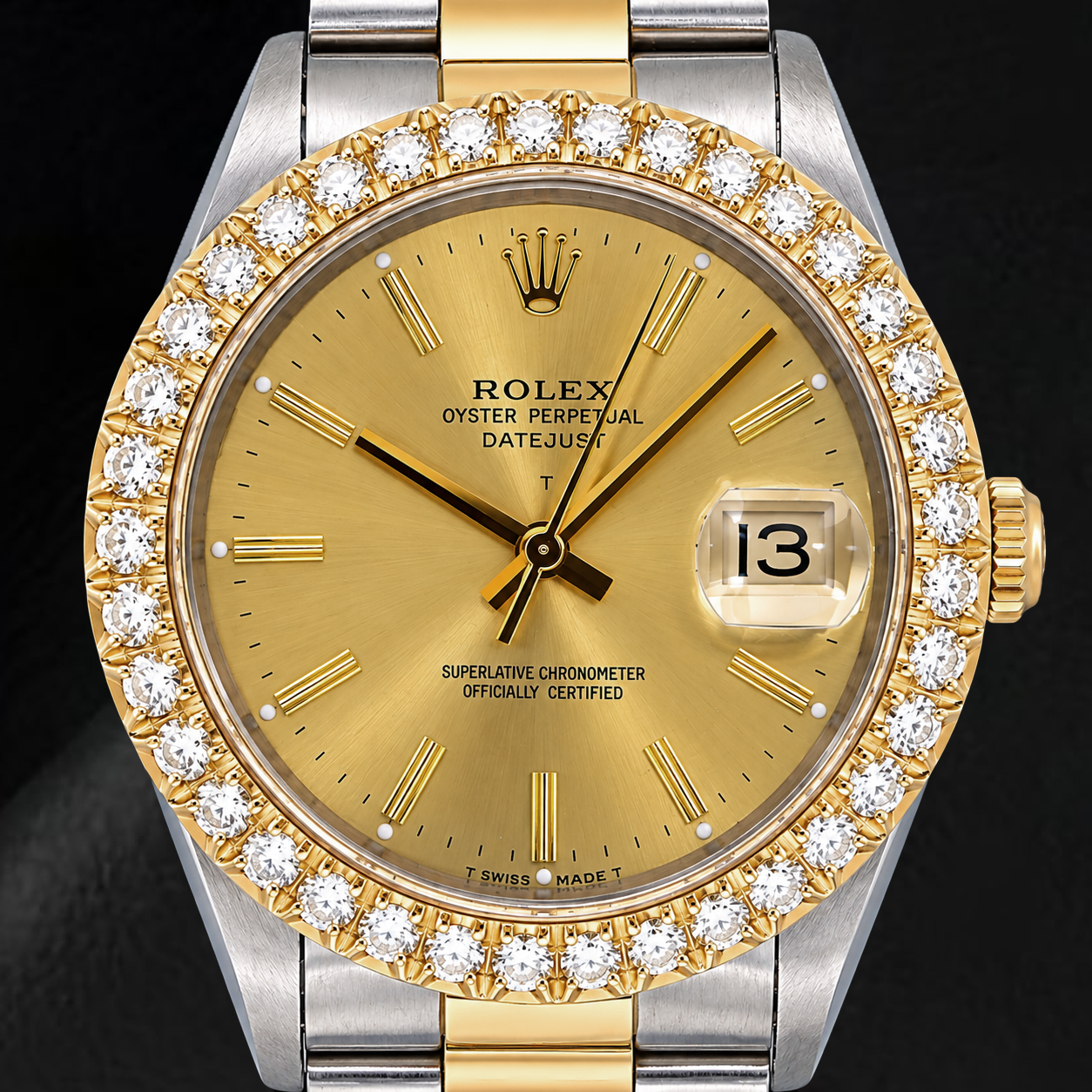 Rolex Date 15053 34mm Champagne Stick Dial Two Tone Watch