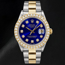Rolex Date 1505 34mm Blue Diamond Dial Two Tone Watch