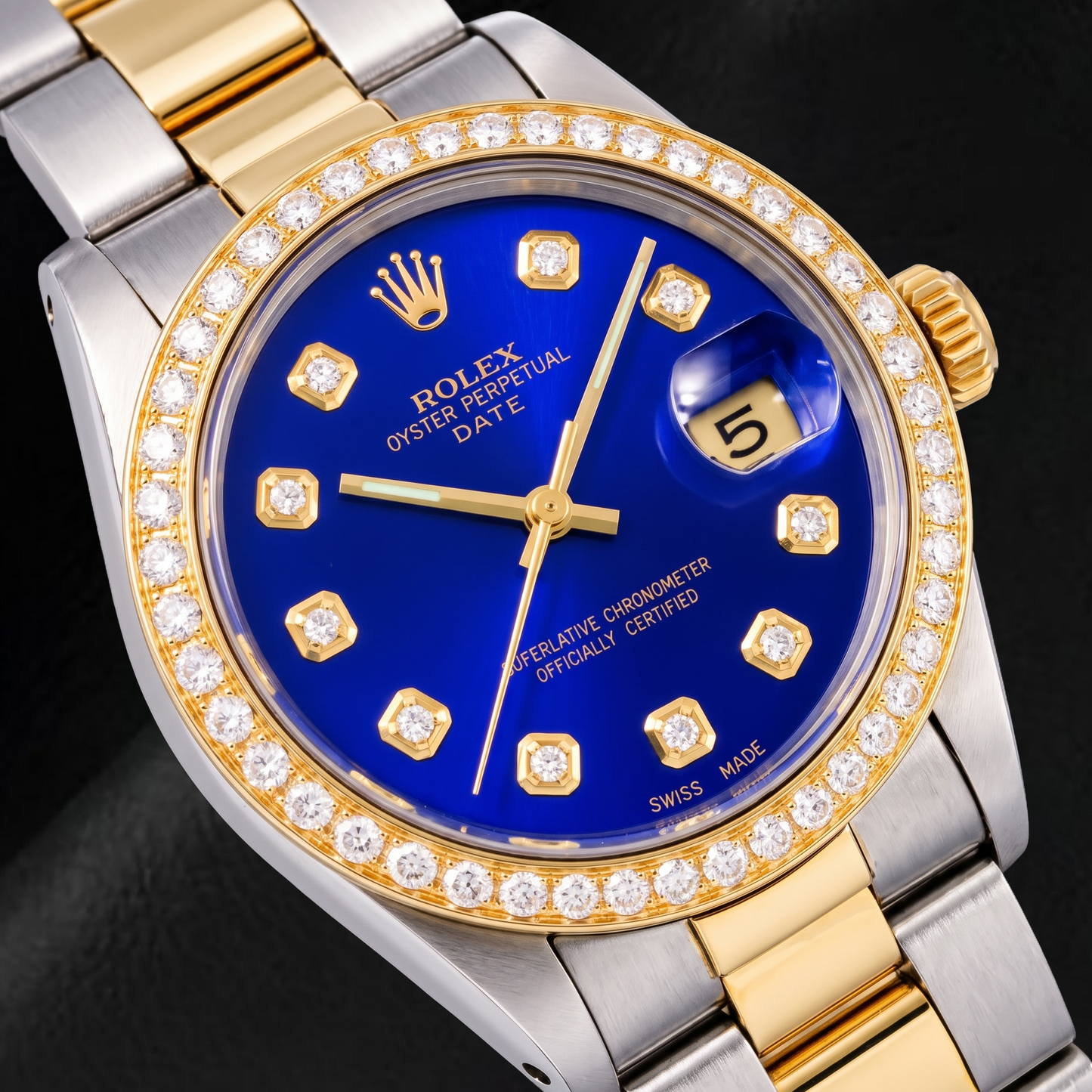 Rolex Date 1505 34mm Blue Diamond Dial Two Tone Watch