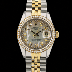 Rolex Date 1505 34mm White Mother of Pearl String Diamond Dial Two Tone Watch