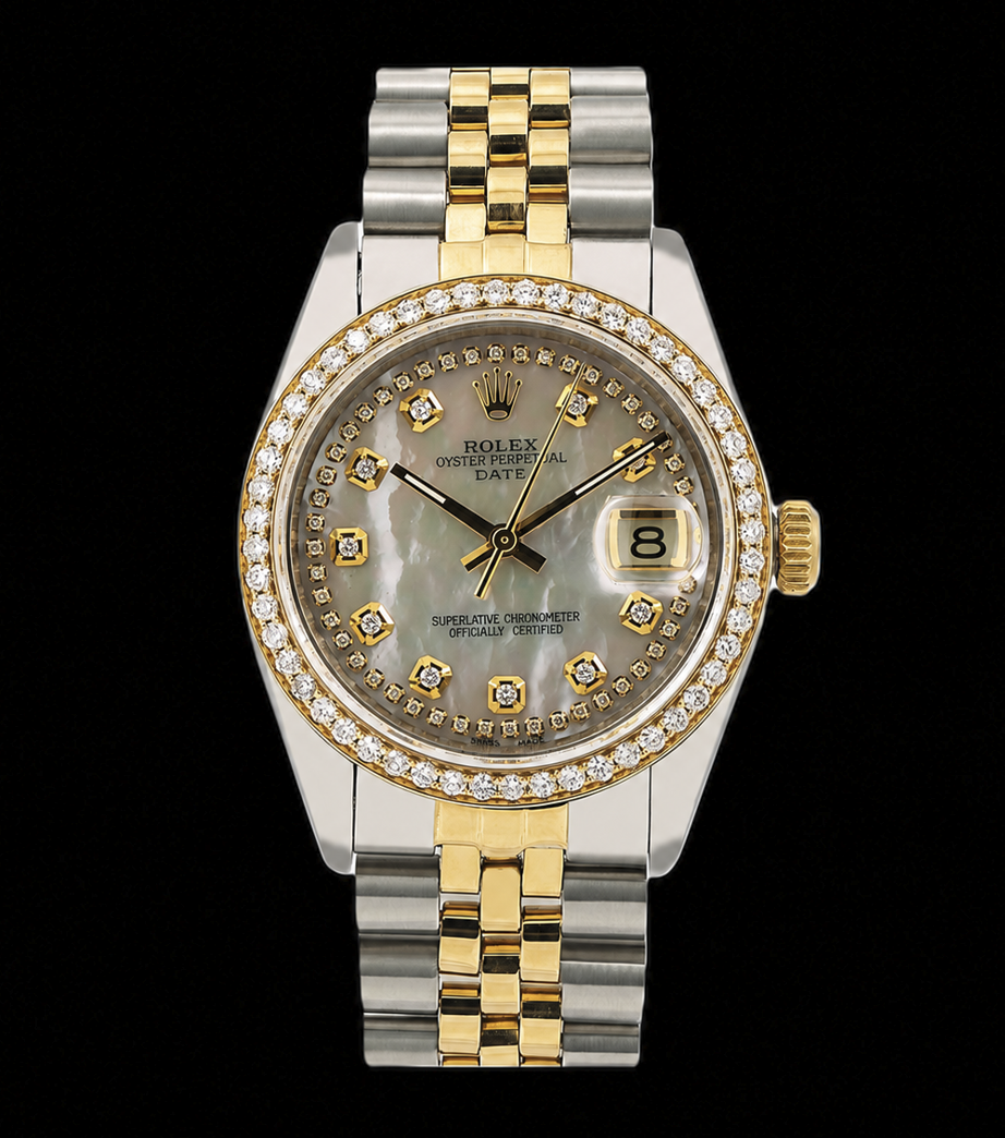 Rolex Date 1505 34mm White Mother of Pearl String Diamond Dial Two Tone Watch