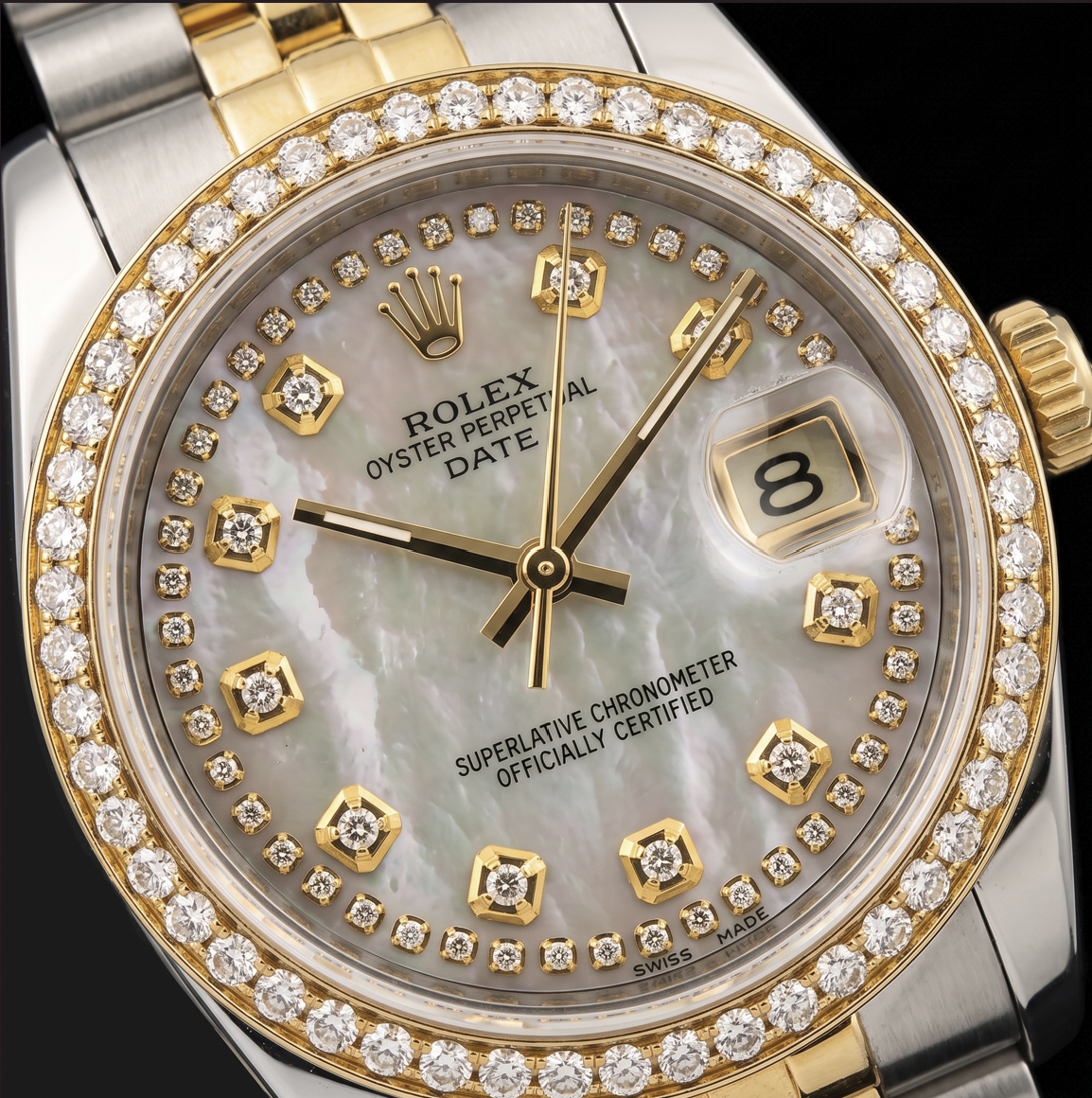 Rolex Date 1505 34mm White Mother of Pearl String Diamond Dial Two Tone Watch