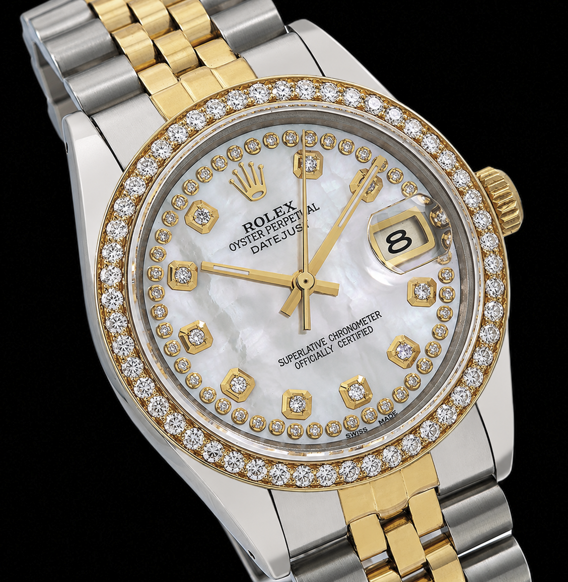 Rolex Date 1505 34mm White Mother of Pearl String Diamond Dial Two Tone Watch