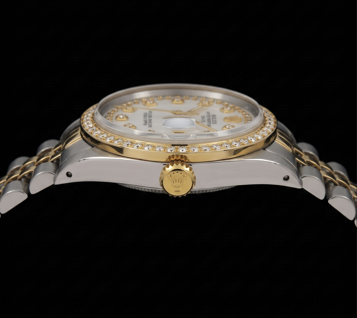 Rolex Date 1505 34mm White Mother of Pearl String Diamond Dial Two Tone Watch