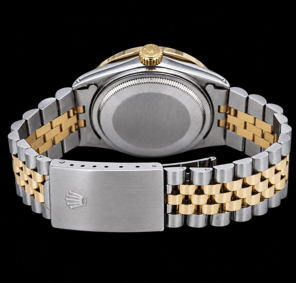 Rolex Date 1505 34mm White Mother of Pearl String Diamond Dial Two Tone Watch