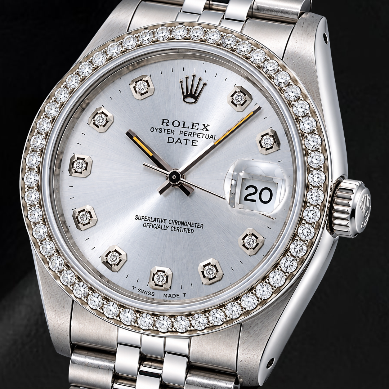 Rolex Date 15200 34mm Silver Diamond Dial Stainless Steel Watch