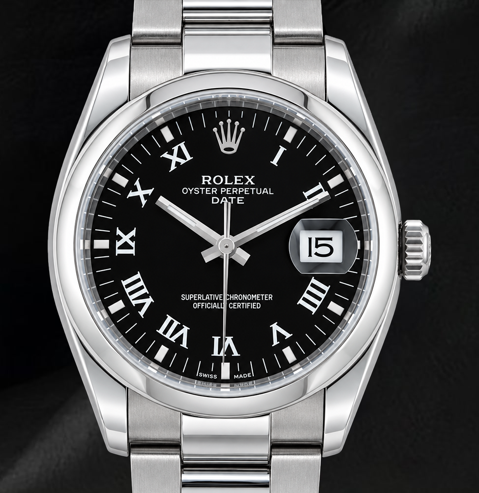 Rolex Date 34mm 115200 Black Roman Dial Stainless Steel Watch