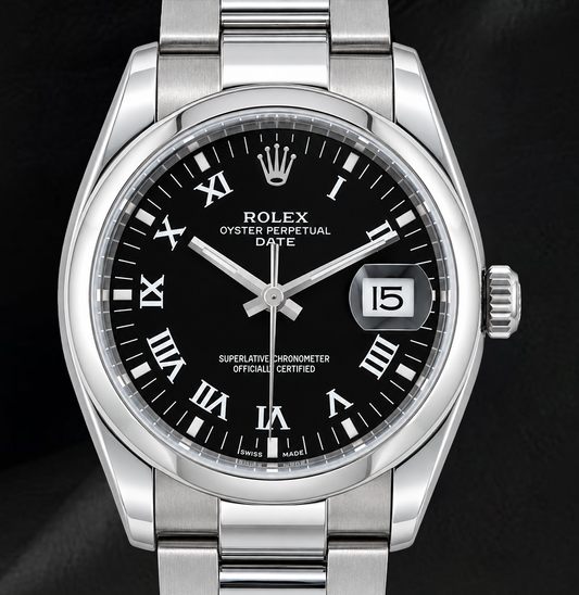 Rolex Date 34mm 115200 Black Roman Dial Stainless Steel Watch