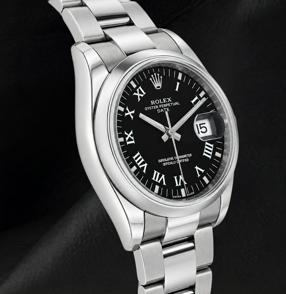 Rolex Date 34mm 115200 Black Roman Dial Stainless Steel Watch