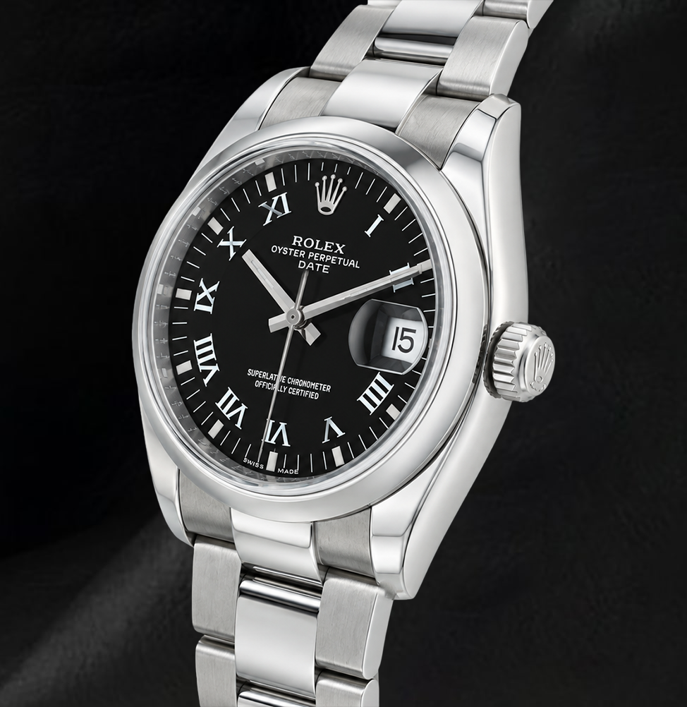 Rolex Date 34mm 115200 Black Roman Dial Stainless Steel Watch