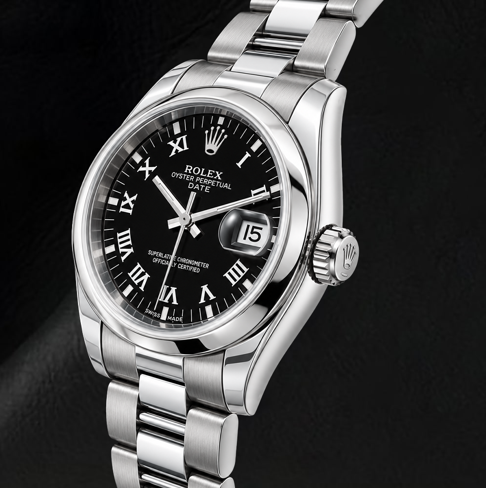 Rolex Date 34mm 115200 Black Roman Dial Stainless Steel Watch