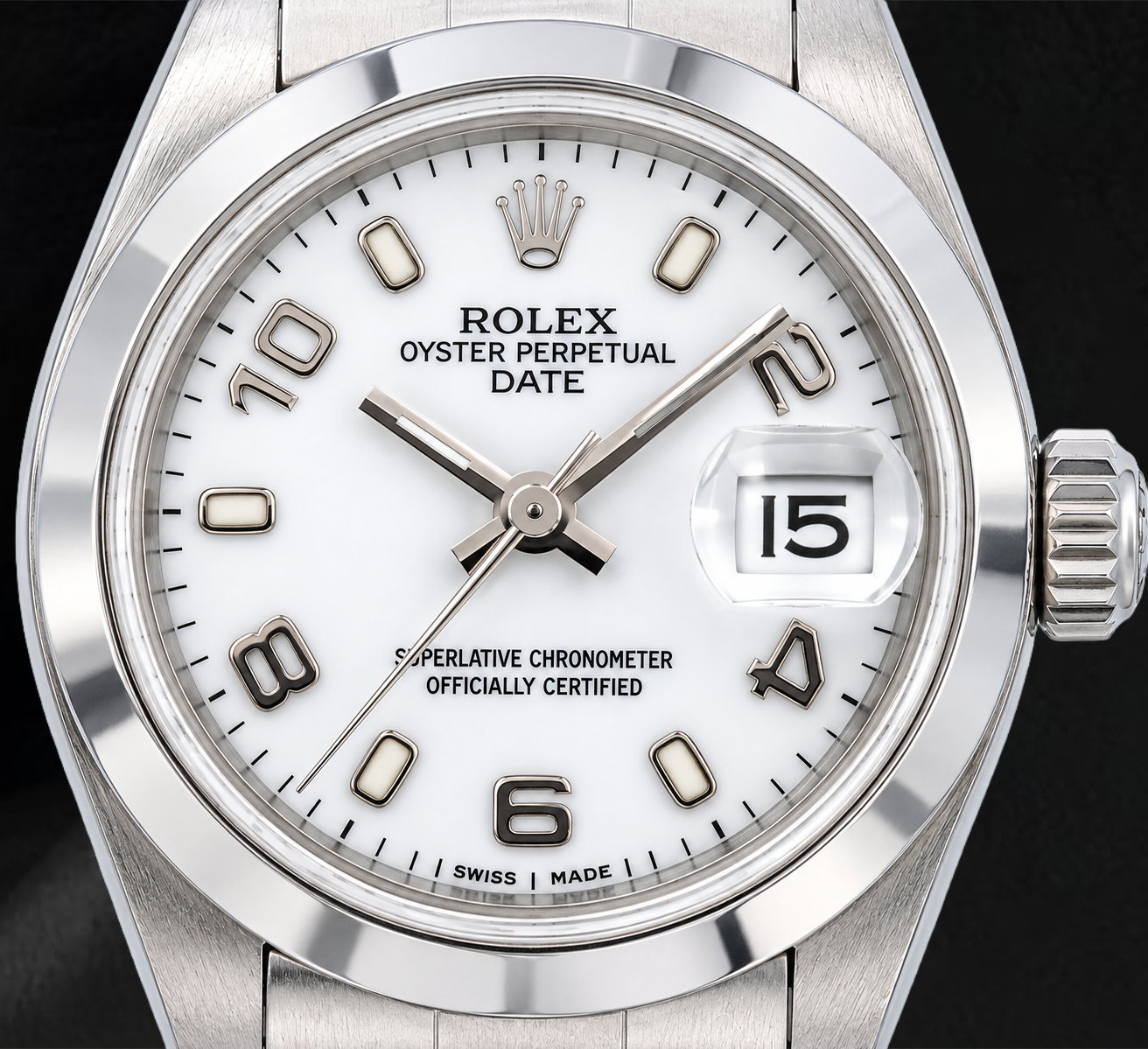 Rolex Date 6916 26mm White Arabic Dial Smooth Bezel Stainless Steel Watch