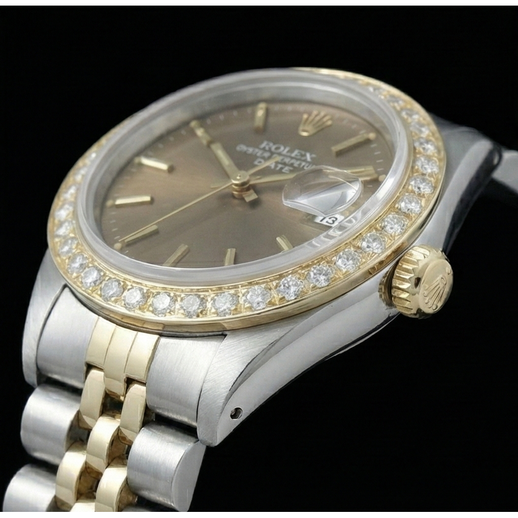 Rolex Date Champagne Stick Dial Diamond Bezel Watch Ss & Jubilee