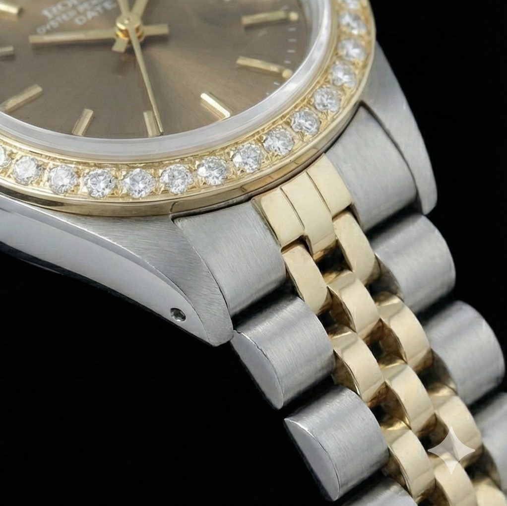 Rolex Date Champagne Stick Dial Diamond Bezel Watch Ss & Jubilee